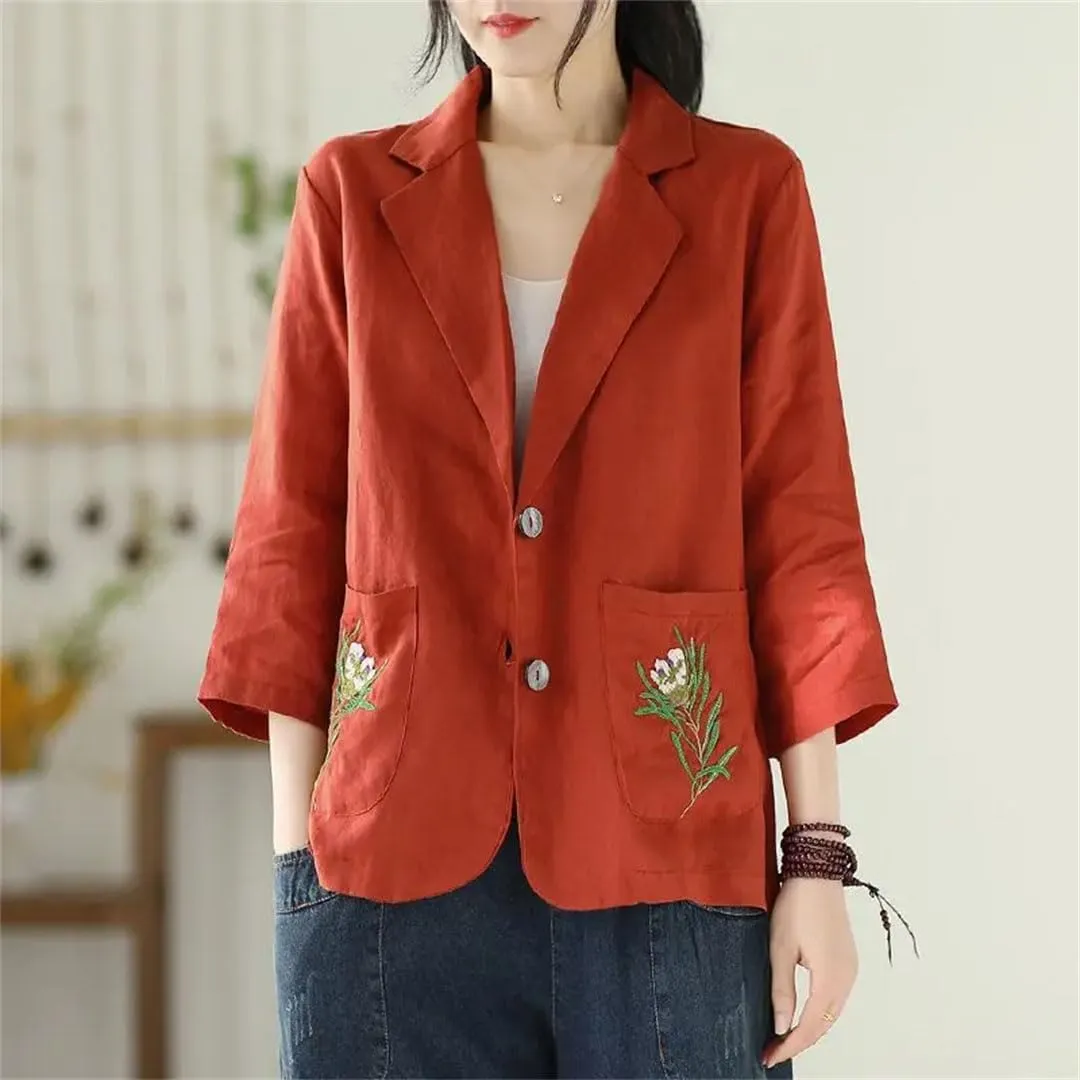 Women's Cotton Linen Embroidered Blazer Coat Loose Casual 3/4 Sleeve Suit Jacket Summer Sun Protection Top