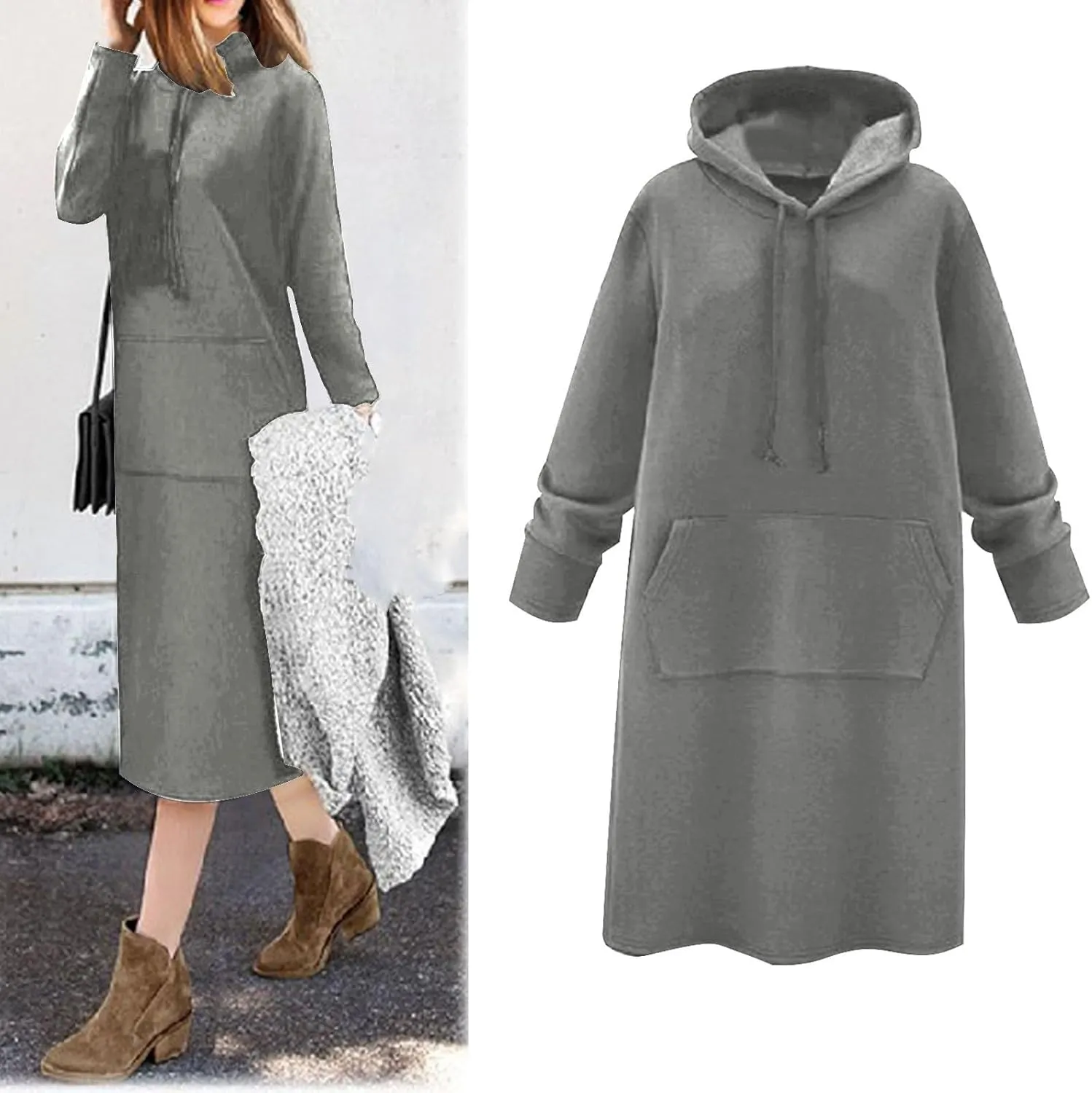 Womens Dresses Fall Winter 2024 Casual Long Sleeve Drawstring Hoodies Sweatshirt Pullover Tunic Mini Dress