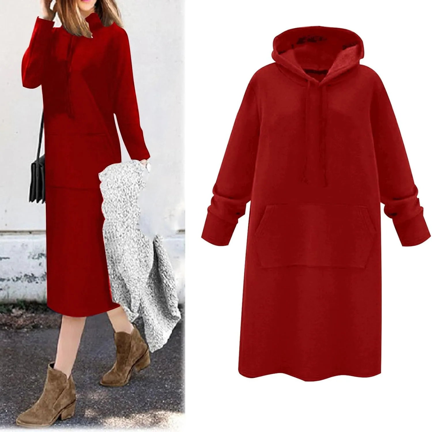 Womens Dresses Fall Winter 2024 Casual Long Sleeve Drawstring Hoodies Sweatshirt Pullover Tunic Mini Dress