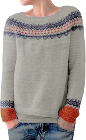 Women's Fair Isle Knitted Sweater Vintage Long Sleeve Crewneck Retro Lightweight Pullover Sweater Top for Fall Winter
