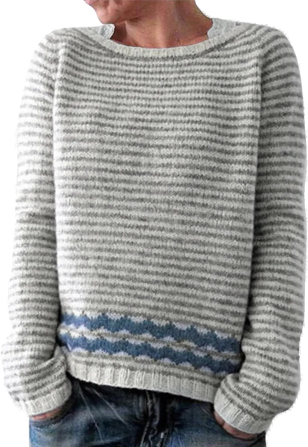 Women's Fair Isle Knitted Sweater Vintage Long Sleeve Crewneck Retro Lightweight Pullover Sweater Top for Fall Winter