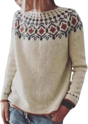 Women's Fair Isle Knitted Sweater Vintage Long Sleeve Crewneck Retro Lightweight Pullover Sweater Top for Fall Winter