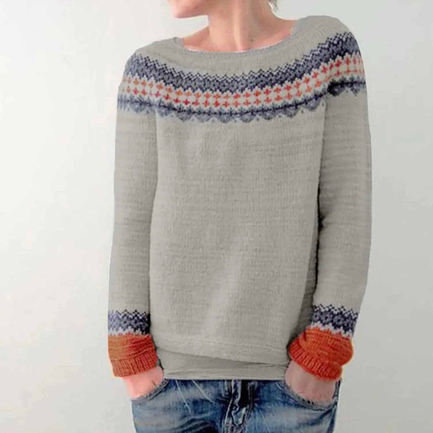 Women's Fair Isle Knitted Sweater Vintage Long Sleeve Crewneck Retro Lightweight Pullover Sweater Top for Fall Winter