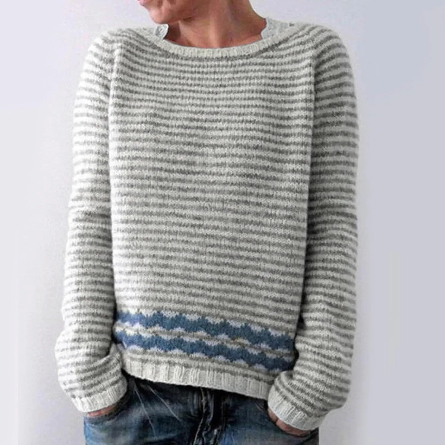 Women's Fair Isle Knitted Sweater Vintage Long Sleeve Crewneck Retro Lightweight Pullover Sweater Top for Fall Winter