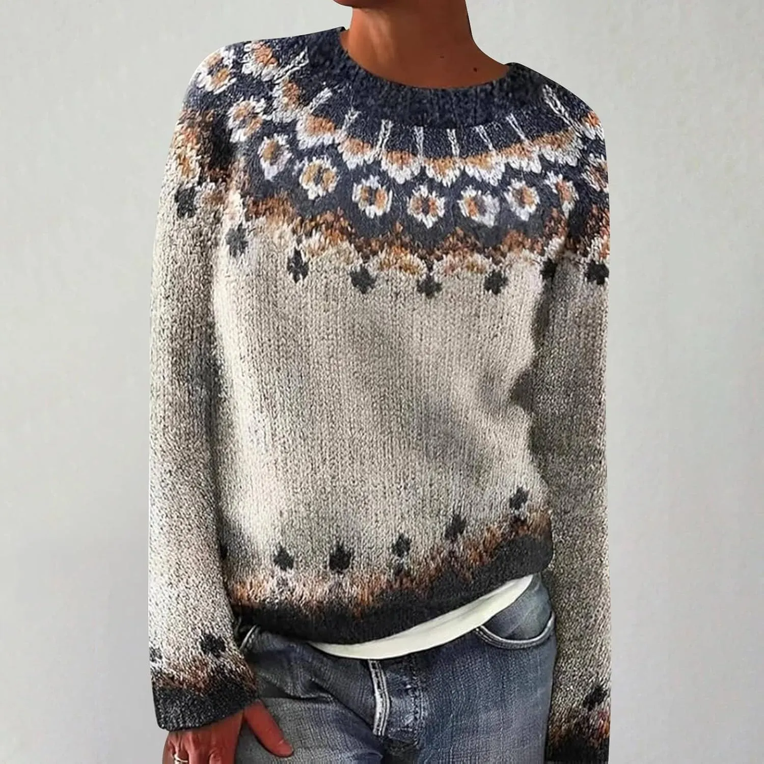 Women's Fair Isle Sweater Vintage Women's Knitted Isle Print Retro Sweater Casual Loose Casual Loose Long Sleeve