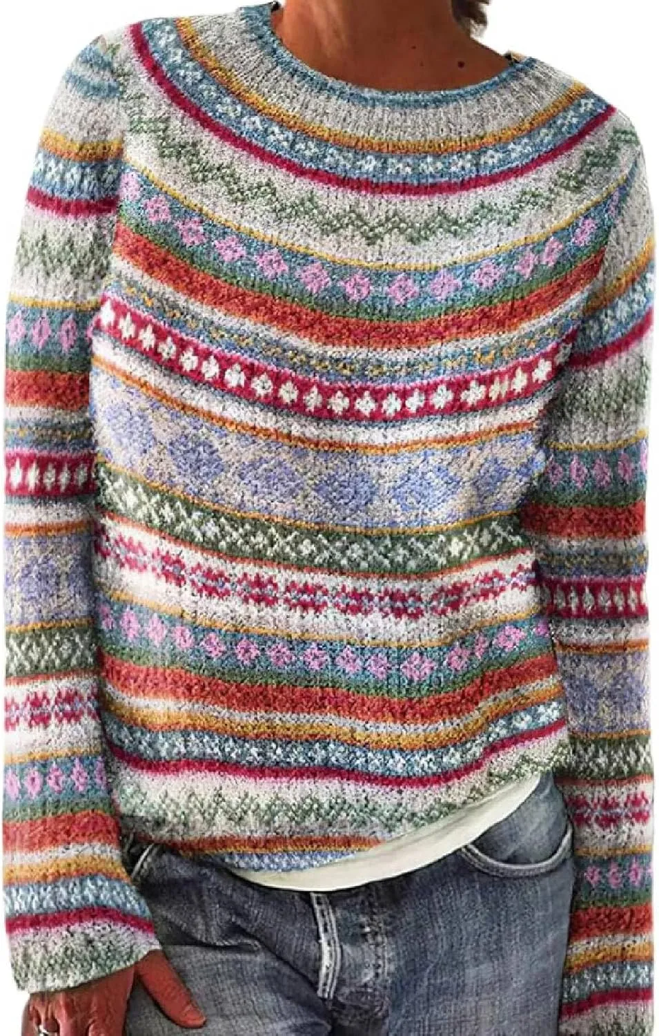 Women's Fair Isle Sweater Vintage Women's Knitted Isle Print Retro Sweater Casual Loose Casual Loose Long Sleeve