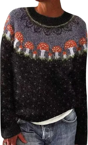 Women's Fair Isle Sweater Vintage Women's Knitted Isle Print Retro Sweater Casual Loose Casual Loose Long Sleeve