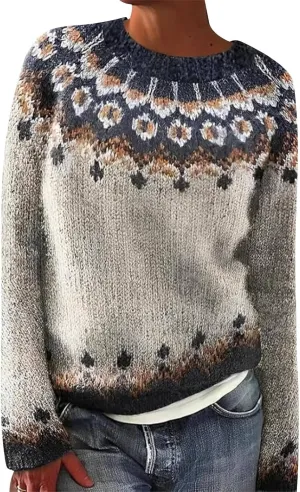 Women's Fair Isle Sweater Vintage Women's Knitted Isle Print Retro Sweater Casual Loose Casual Loose Long Sleeve