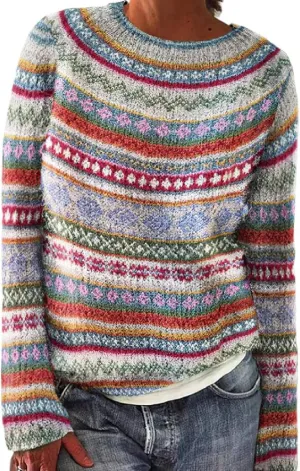 Women's Fair Isle Sweater Vintage Women's Knitted Isle Print Retro Sweater Casual Loose Casual Loose Long Sleeve