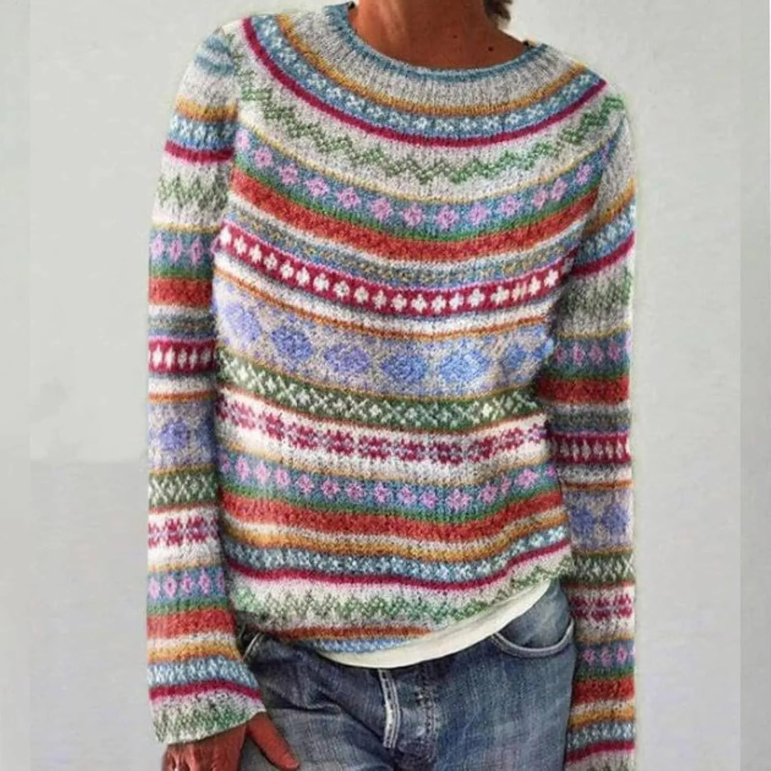 Women's Fair Isle Sweater Vintage Women's Knitted Isle Print Retro Sweater Casual Loose Casual Loose Long Sleeve