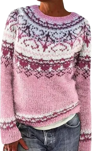 Women's Fair Isle Sweater Vintage Women's Knitted Isle Print Retro Sweater Casual Loose Long Sleeve Knitted Pullover