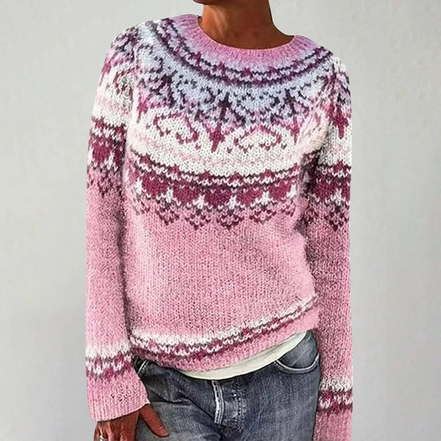 Women's Fair Isle Sweater Vintage Women's Knitted Isle Print Retro Sweater Casual Loose Long Sleeve Knitted Pullover