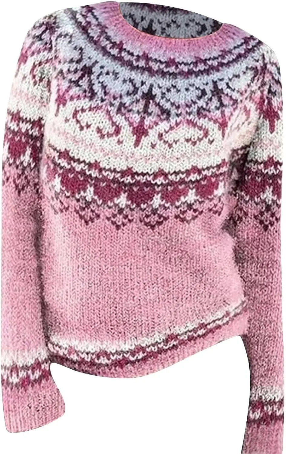 Women's Fair Isle Sweater Vintage Women's Knitted Isle Print Retro Sweater Casual Loose Long Sleeve Knitted Pullover