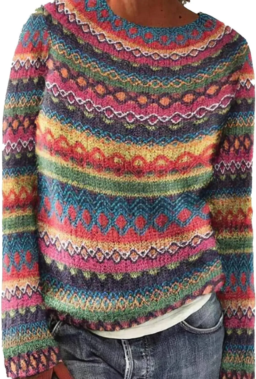 Womens Fair Isle Sweaters Retro Lightweight Pullover Top for Fall Winter Fall Crewneck Colorful Cable Knit Sweater