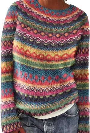 Womens Fair Isle Sweaters Retro Lightweight Pullover Top for Fall Winter Fall Crewneck Colorful Cable Knit Sweater