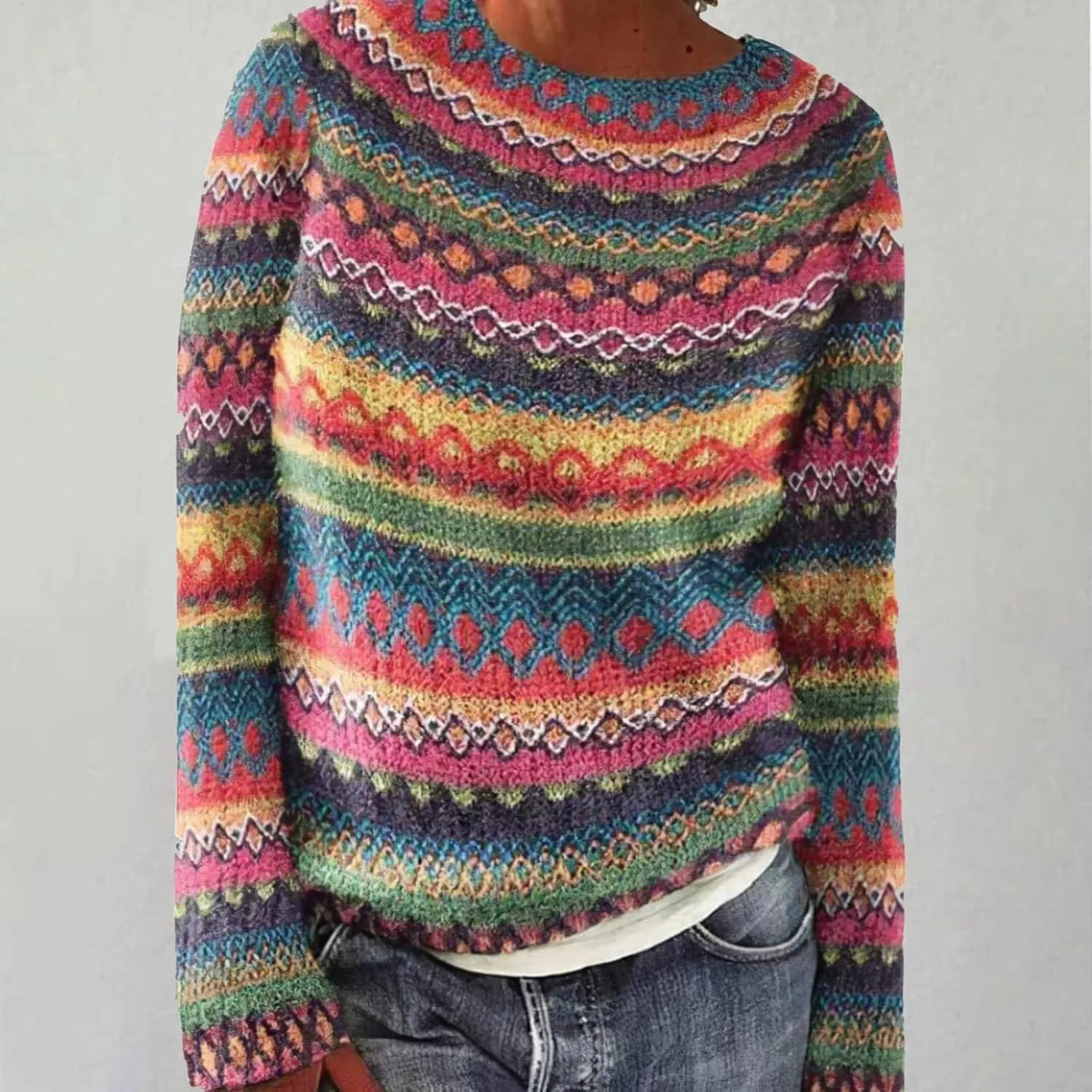 Womens Fair Isle Sweaters Retro Lightweight Pullover Top for Fall Winter Fall Crewneck Colorful Cable Knit Sweater