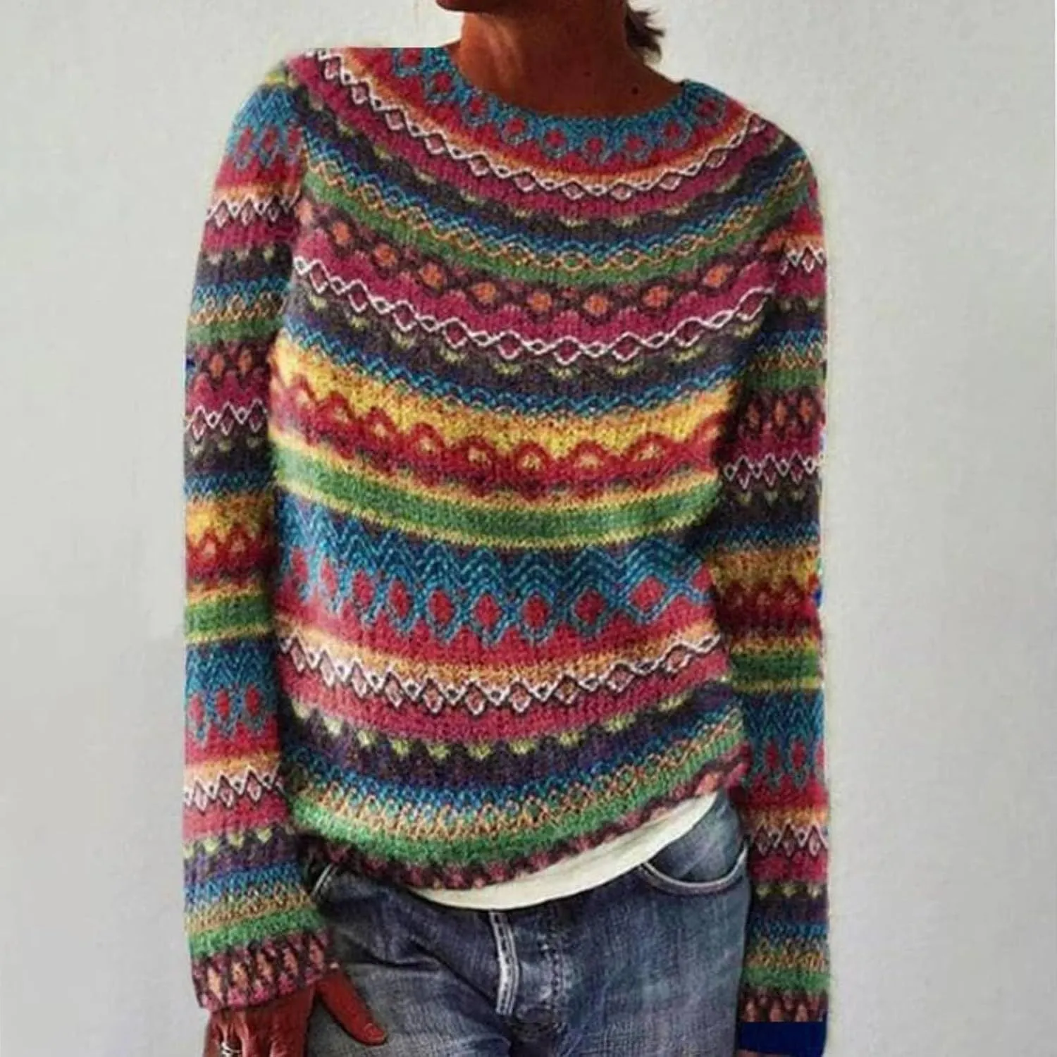 Womens Fair Isle Sweaters Retro Lightweight Pullover Top for Fall Winter Fall Crewneck Colorful Cable Knit Sweater