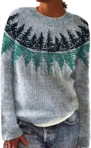 Womens Fall Vintage Fair Isle Sweater Women's Knitted Isle Print Retro Sweater Casual Loose Casual Loose Long Sleeve