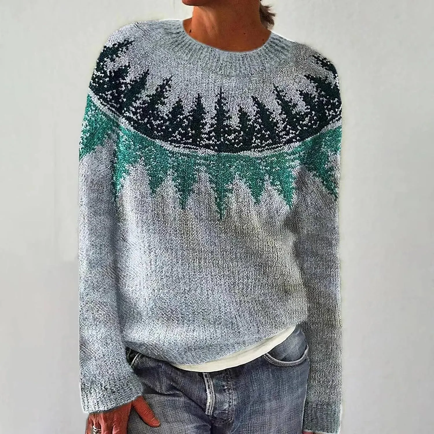 Womens Fall Vintage Fair Isle Sweater Women's Knitted Isle Print Retro Sweater Casual Loose Casual Loose Long Sleeve