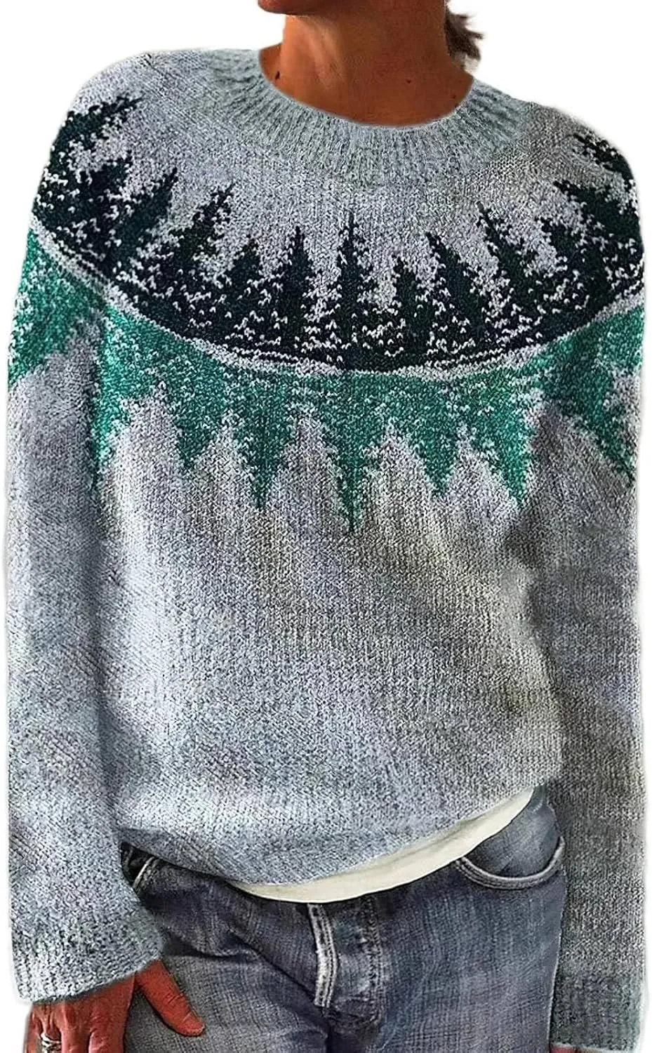 Womens Fall Vintage Fair Isle Sweater Women's Knitted Isle Print Retro Sweater Casual Loose Casual Loose Long Sleeve