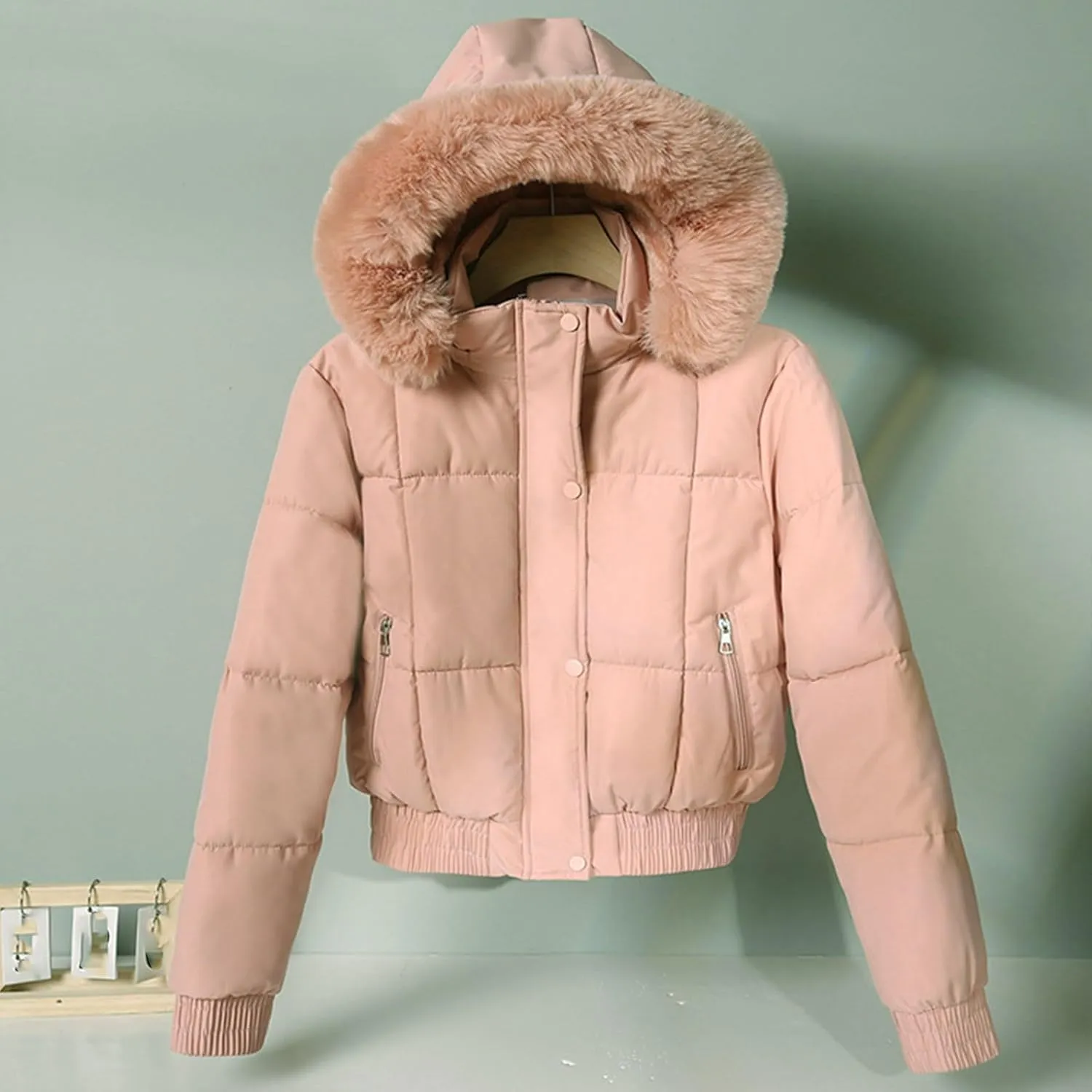 Womens Fleece Lined Puffer Jacket Cropped Down Jacket Fur Hood Winter Jacket Zip up Quilted Jacket Winter Padded Jacket
