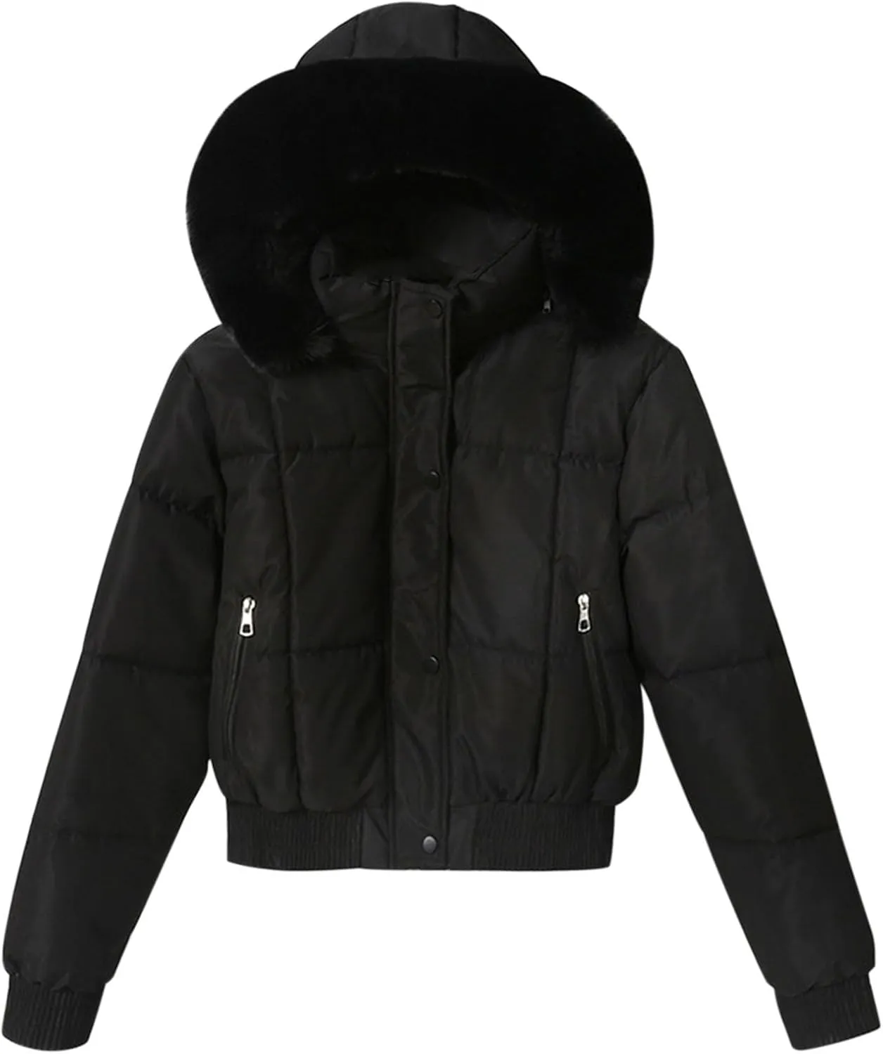 Womens Fleece Lined Puffer Jacket Cropped Down Jacket Fur Hood Winter Jacket Zip up Quilted Jacket Winter Padded Jacket