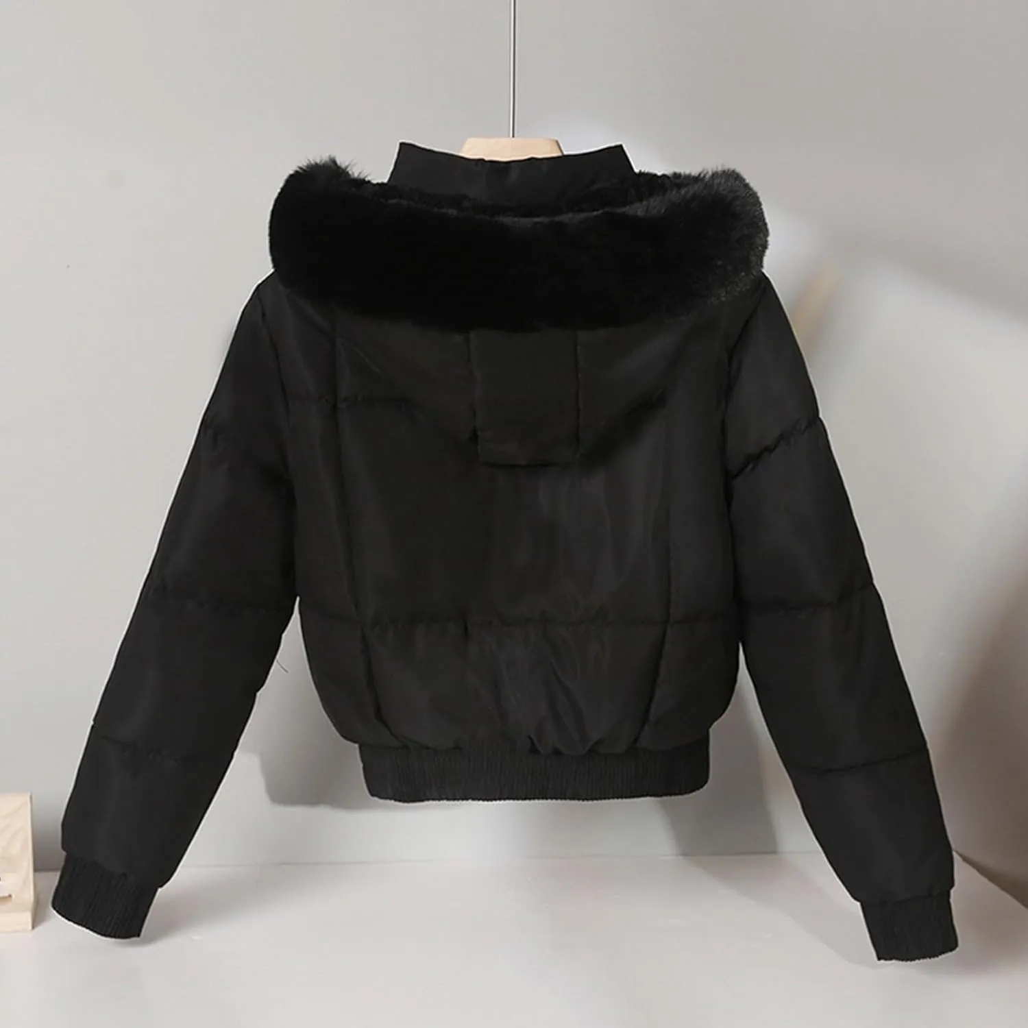 Womens Fleece Lined Puffer Jacket Cropped Down Jacket Fur Hood Winter Jacket Zip up Quilted Jacket Winter Padded Jacket