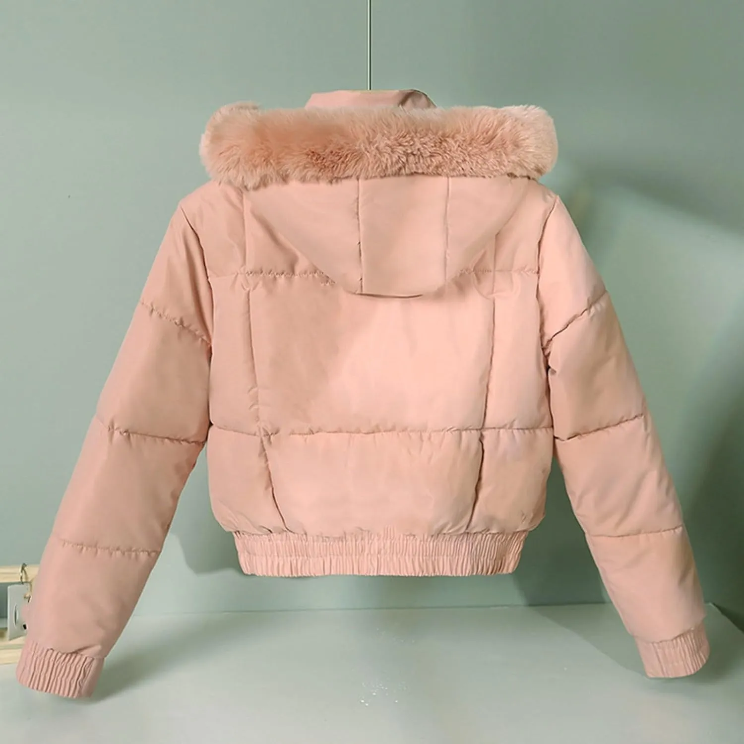 Womens Fleece Lined Puffer Jacket Cropped Down Jacket Fur Hood Winter Jacket Zip up Quilted Jacket Winter Padded Jacket