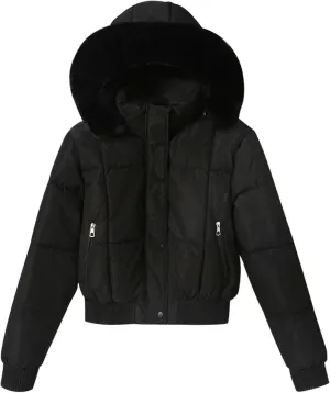 Womens Fleece Lined Puffer Jacket Cropped Down Jacket Fur Hood Winter Jacket Zip up Quilted Jacket Winter Padded Jacket