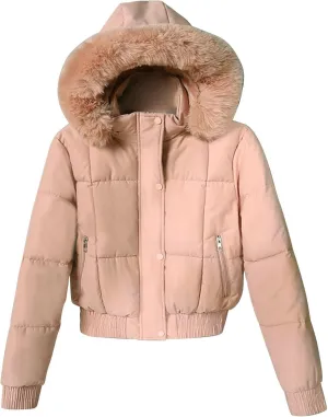 Womens Fleece Lined Puffer Jacket Cropped Down Jacket Fur Hood Winter Jacket Zip up Quilted Jacket Winter Padded Jacket