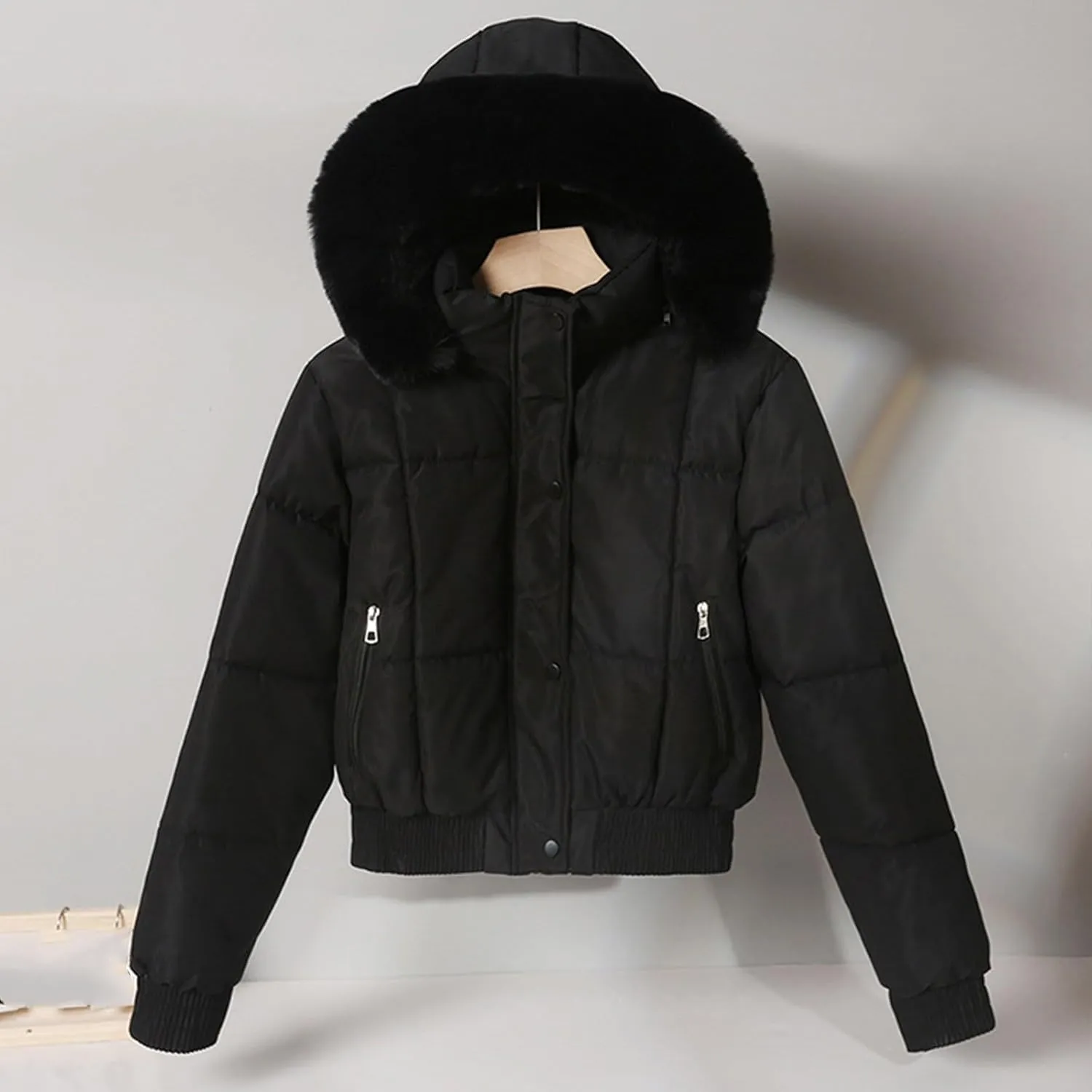 Womens Fleece Lined Puffer Jacket Cropped Down Jacket Fur Hood Winter Jacket Zip up Quilted Jacket Winter Padded Jacket
