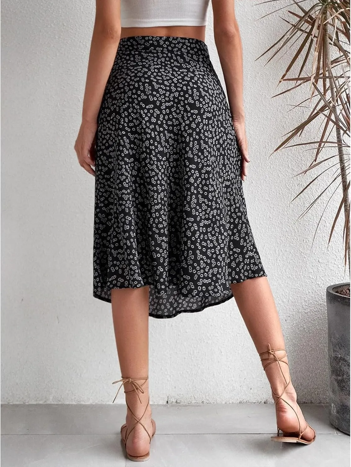 Womens Floral Midi Skirts Summer Print Elastic High Waisted Split Hem Skorts Fashion Flowy Tunic A Line Skirts 2025