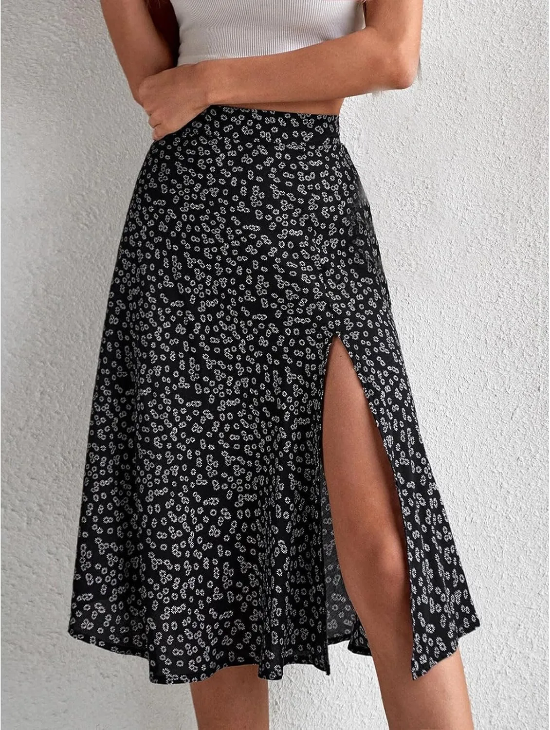 Womens Floral Midi Skirts Summer Print Elastic High Waisted Split Hem Skorts Fashion Flowy Tunic A Line Skirts 2025