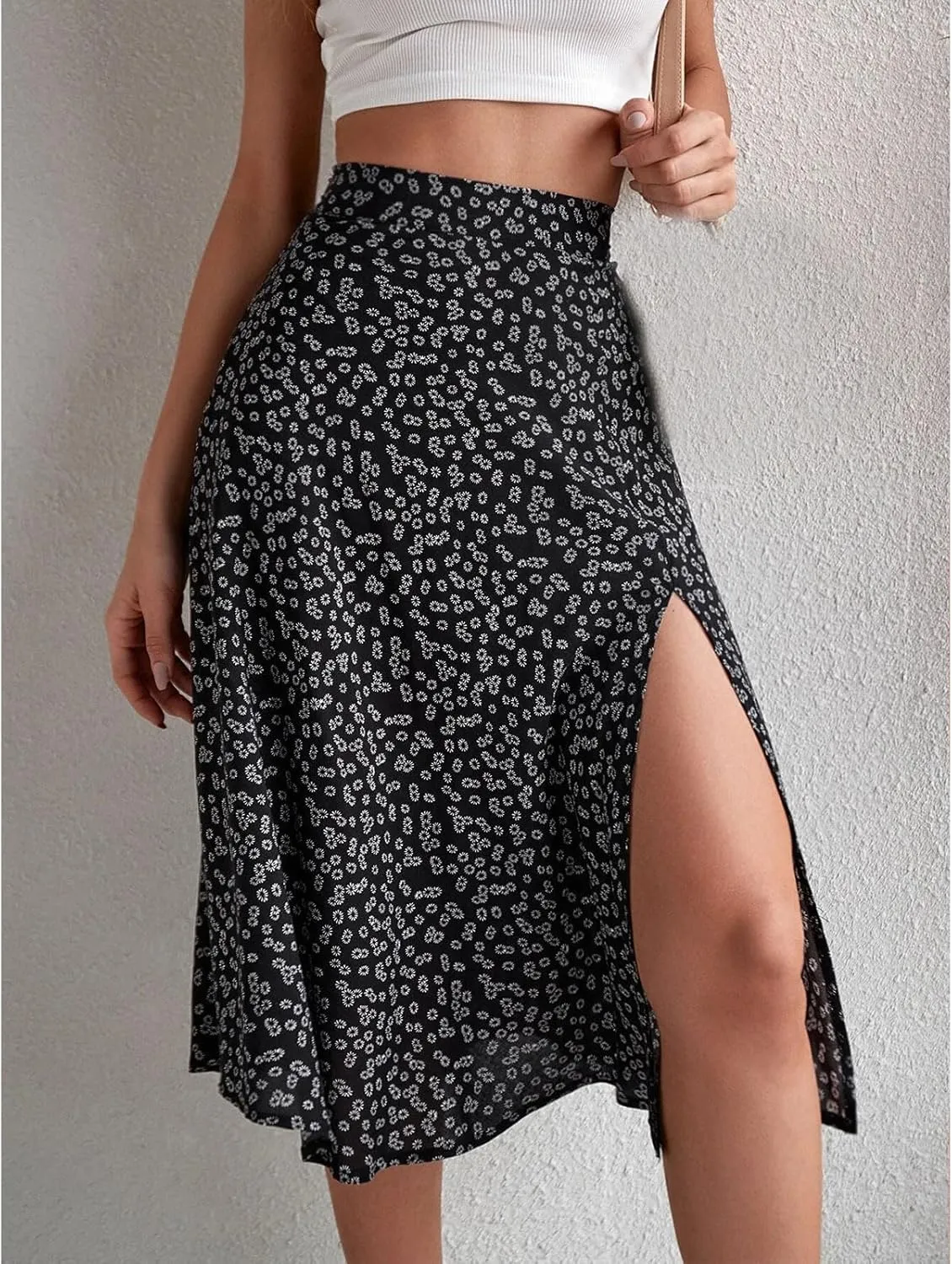 Womens Floral Midi Skirts Summer Print Elastic High Waisted Split Hem Skorts Fashion Flowy Tunic A Line Skirts 2025