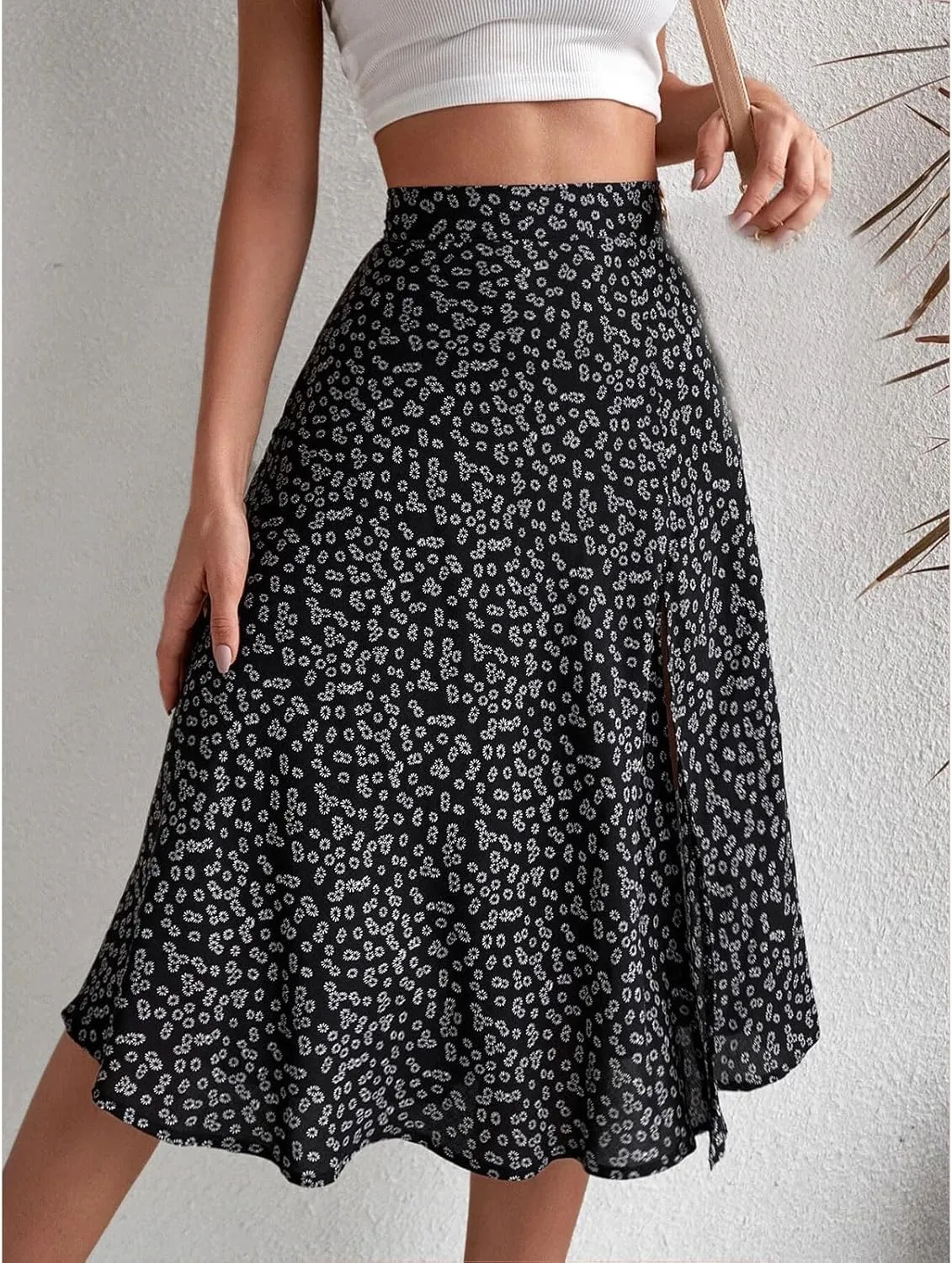 Womens Floral Midi Skirts Summer Print Elastic High Waisted Split Hem Skorts Fashion Flowy Tunic A Line Skirts 2025