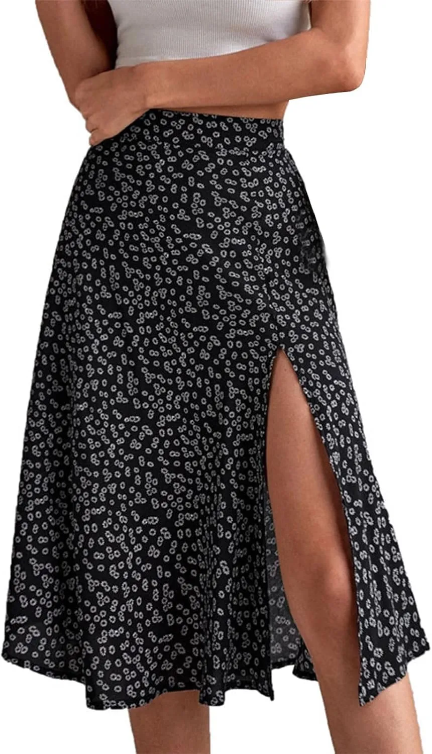 Womens Floral Midi Skirts Summer Print Elastic High Waisted Split Hem Skorts Fashion Flowy Tunic A Line Skirts 2025