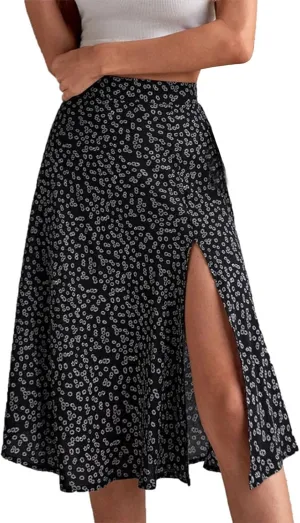 Womens Floral Midi Skirts Summer Print Elastic High Waisted Split Hem Skorts Fashion Flowy Tunic A Line Skirts 2025