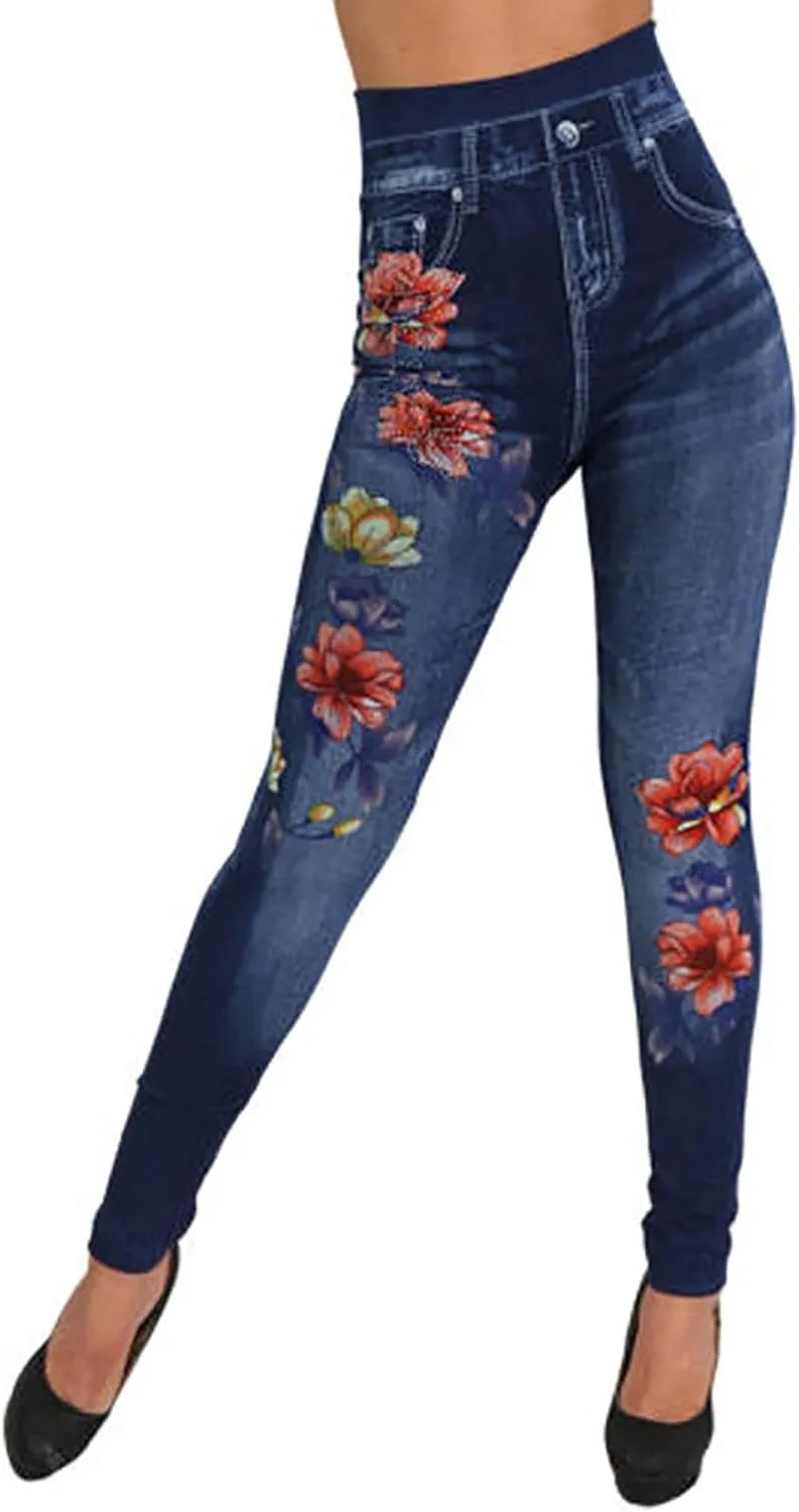 Women's Imitation Denim Leggings Trendy High Waist Stretchy Slim Fit Yoga Trousers Fall Fashion Workout Yoga Pants