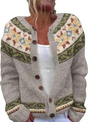 Women's Knitted Fair Isle Print Retro Sweater Vintage Knitted Sweater Casual Fair Isle Knit Cardigan Sweater Tops