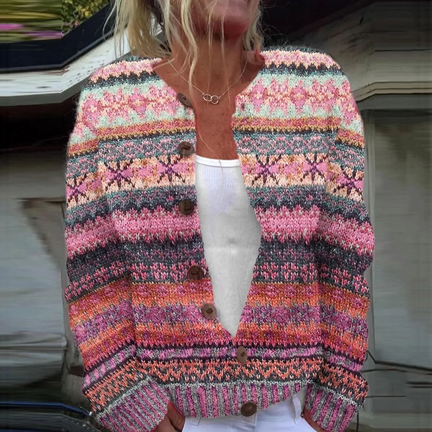 Women's Knitted Fair Isle Print Retro Sweater Vintage Knitted Sweater Casual Fair Isle Knit Cardigan Sweater Tops