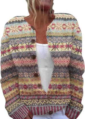 Women's Knitted Fair Isle Print Retro Sweater Vintage Knitted Sweater Casual Fair Isle Knit Cardigan Sweater Tops