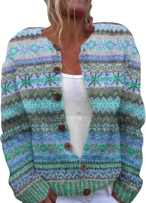 Women's Knitted Fair Isle Print Retro Sweater Vintage Knitted Sweater Casual Fair Isle Knit Cardigan Sweater Tops