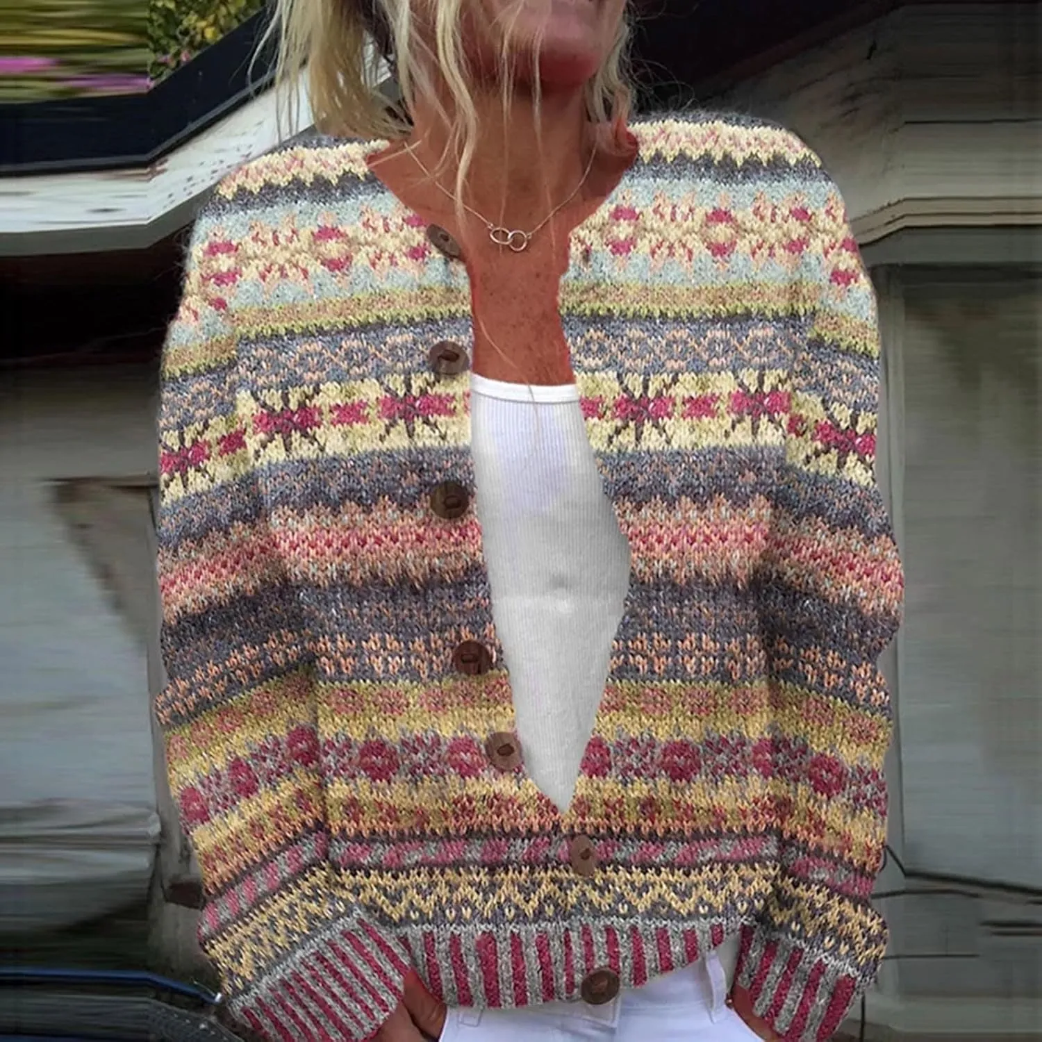 Women's Knitted Fair Isle Print Retro Sweater Vintage Knitted Sweater Casual Fair Isle Knit Cardigan Sweater Tops