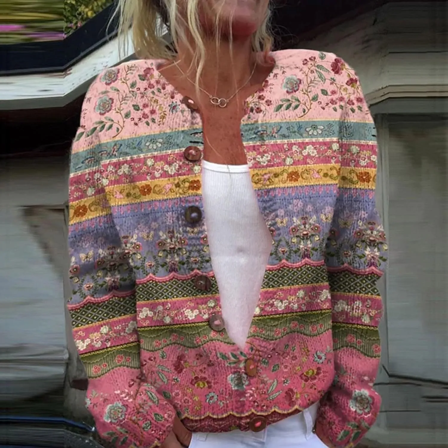 Women's Knitted Fair Isle Print Retro Sweater Vintage Knitted Sweater Casual Fair Isle Knit Cardigan Sweater Tops