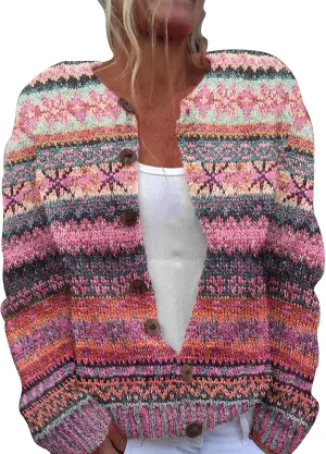 Women's Knitted Fair Isle Print Retro Sweater Vintage Knitted Sweater Casual Fair Isle Knit Cardigan Sweater Tops