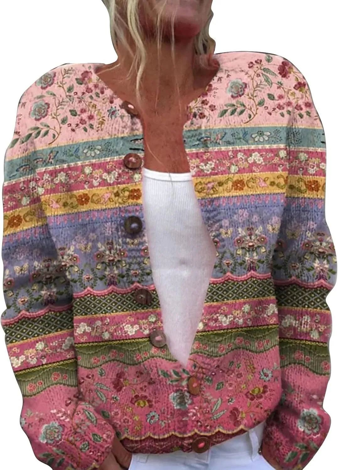 Women's Knitted Fair Isle Print Retro Sweater Vintage Knitted Sweater Casual Fair Isle Knit Cardigan Sweater Tops