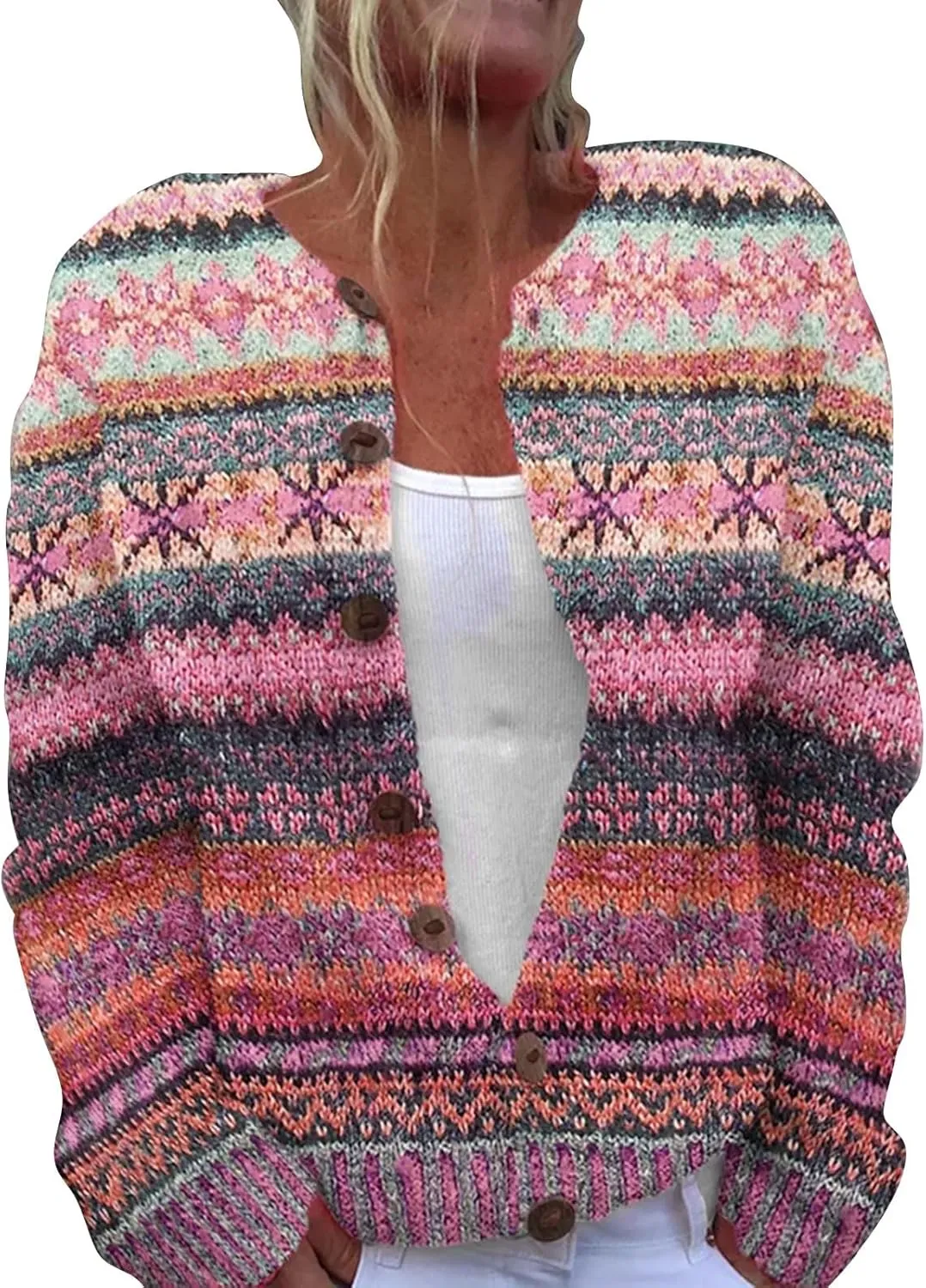 Women's Knitted Fair Isle Print Retro Sweater Vintage Knitted Sweater Casual Fair Isle Knit Cardigan Sweater Tops
