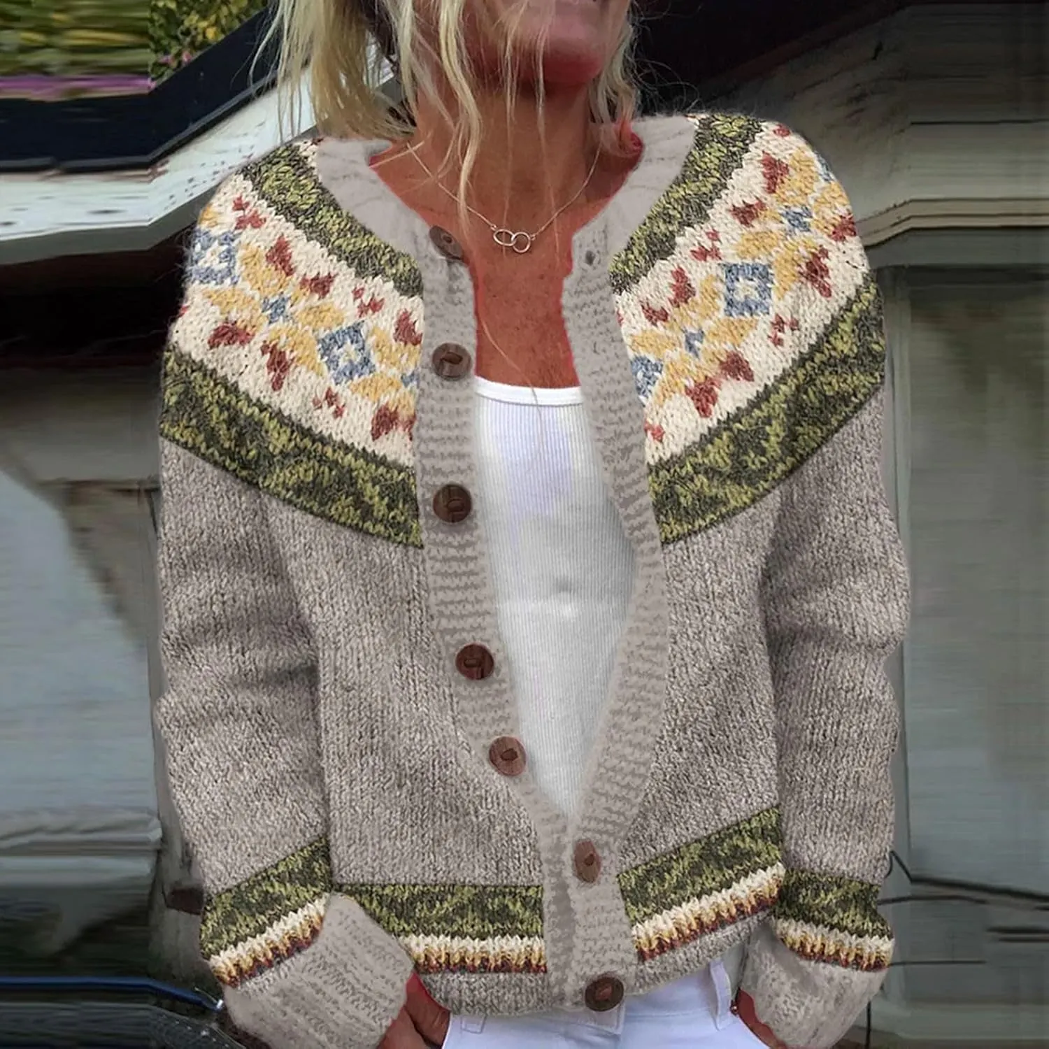 Women's Knitted Fair Isle Print Retro Sweater Vintage Knitted Sweater Casual Fair Isle Knit Cardigan Sweater Tops