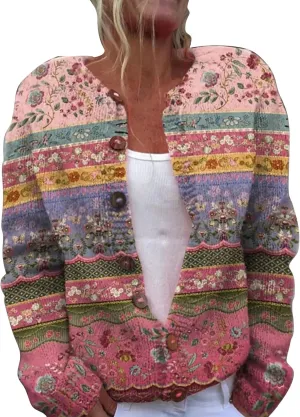 Women's Knitted Fair Isle Print Retro Sweater Vintage Knitted Sweater Casual Fair Isle Knit Cardigan Sweater Tops