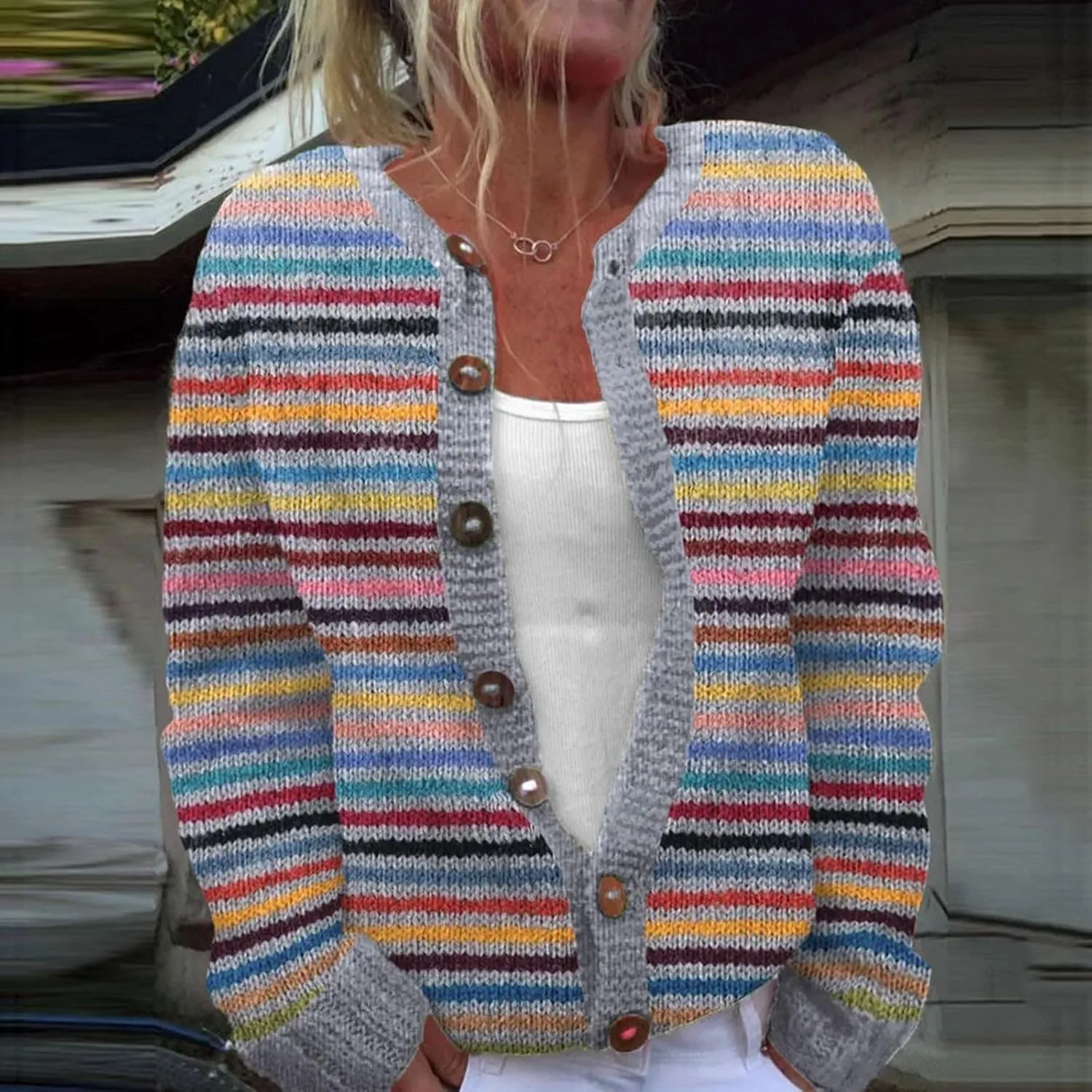 Women's Knitted Fair Isle Print Retro Sweater Vintage Knitted Sweater Casual Fair Isle Knit Cardigan Sweater Tops